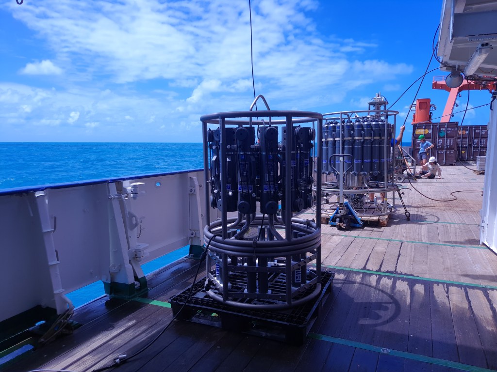 Trace metal (foreground) and normal CTDs on deck.